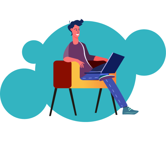 Our Story A man sits on an armchair with a laptop on his lap