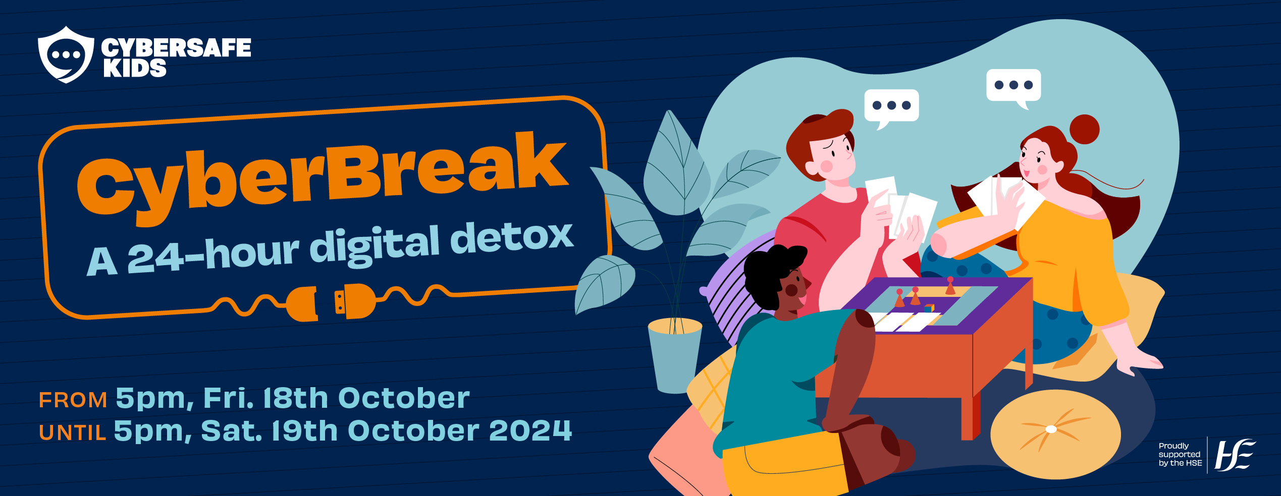 CB Website Banner Cartoon image of a family gathered around a table with playing cards and games and CyberBreak, A 24 hour digital detox advertised