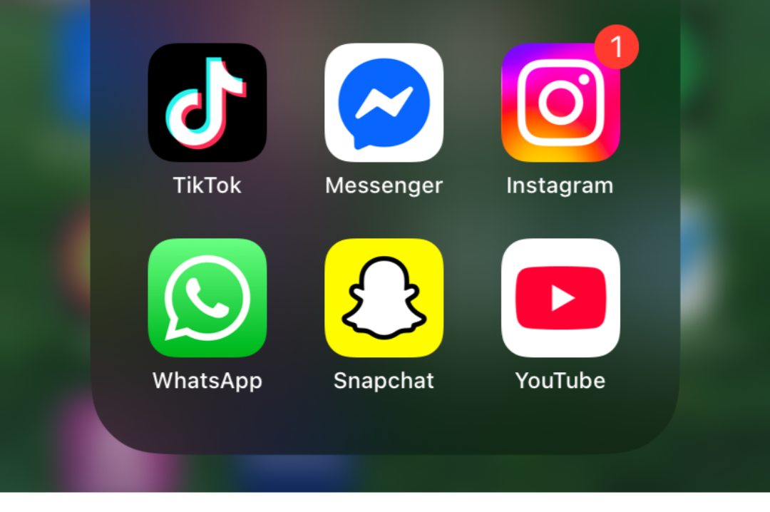 Social Media apps (TikTok, Messenger, Instagram, WhatsApp, Snapchat, and YouTube on a phone screen)